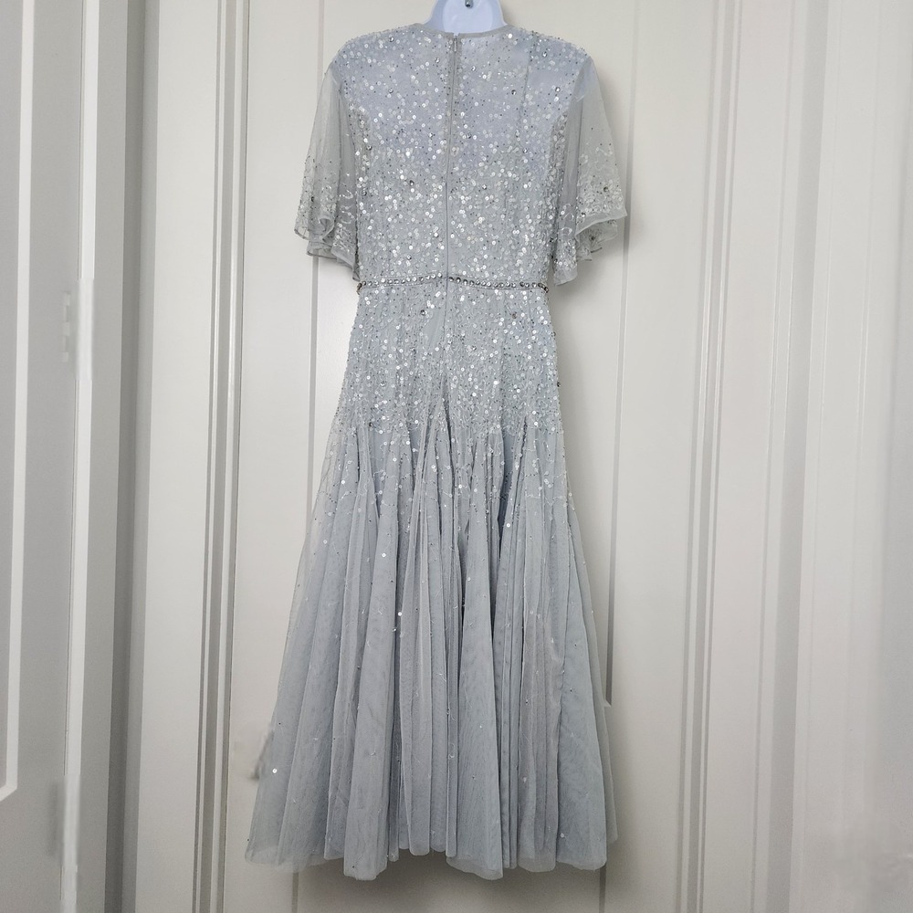 Mac Duggal Cape Sleeve Beaded Midi Dress Powder Blue Silver Ethereal Glam 6 $598 - Picture 3 of 16